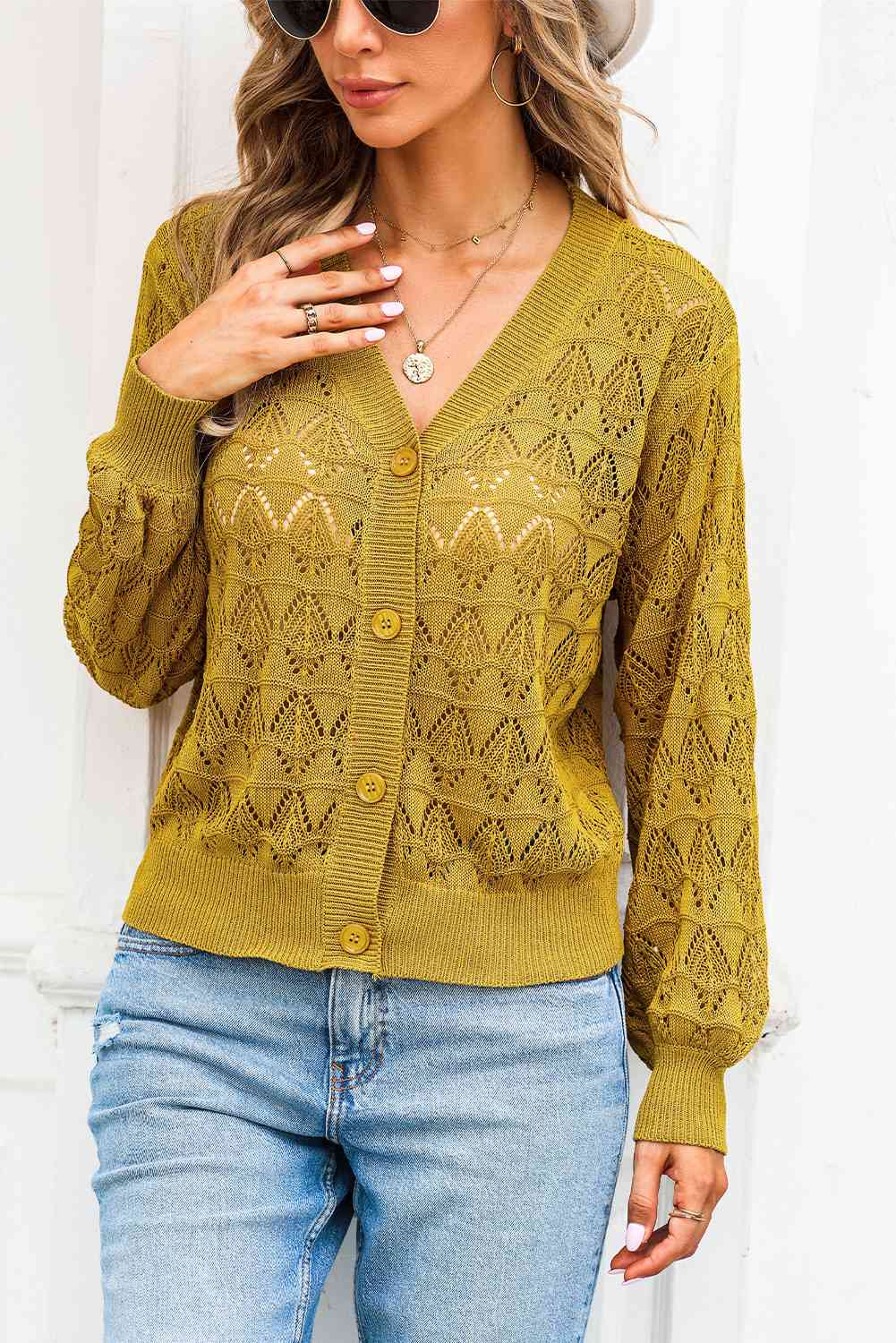 Openwork V-Neck Cardigan Bazaarbey