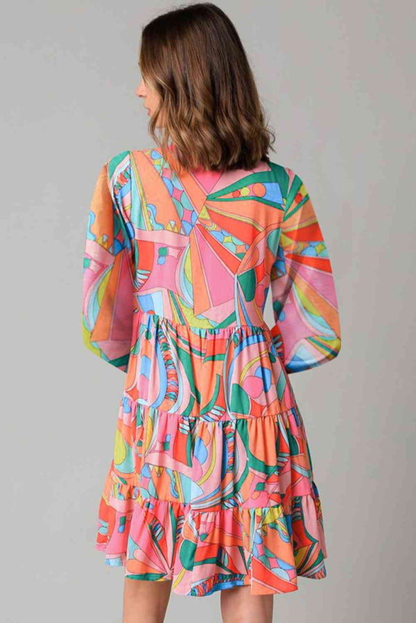 Printed Long Sleeve Tie Neck Mini Dress -BazaarBey - www.shopbazaarbey.com