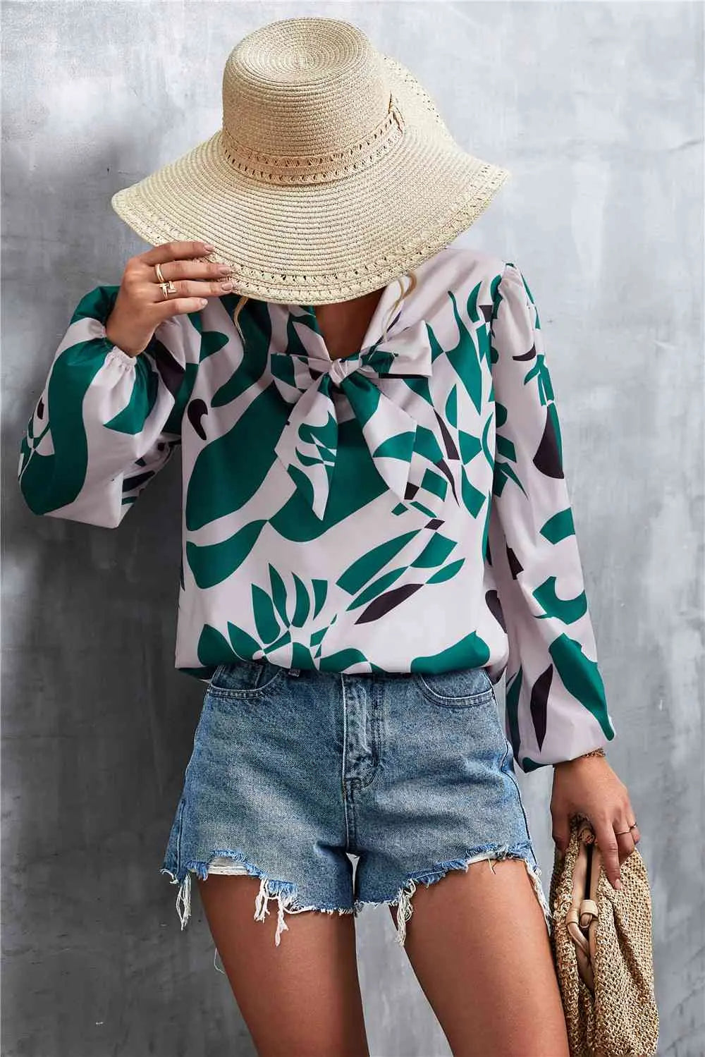 Printed Tie Neck Puff Sleeve Blouse Bazaarbey