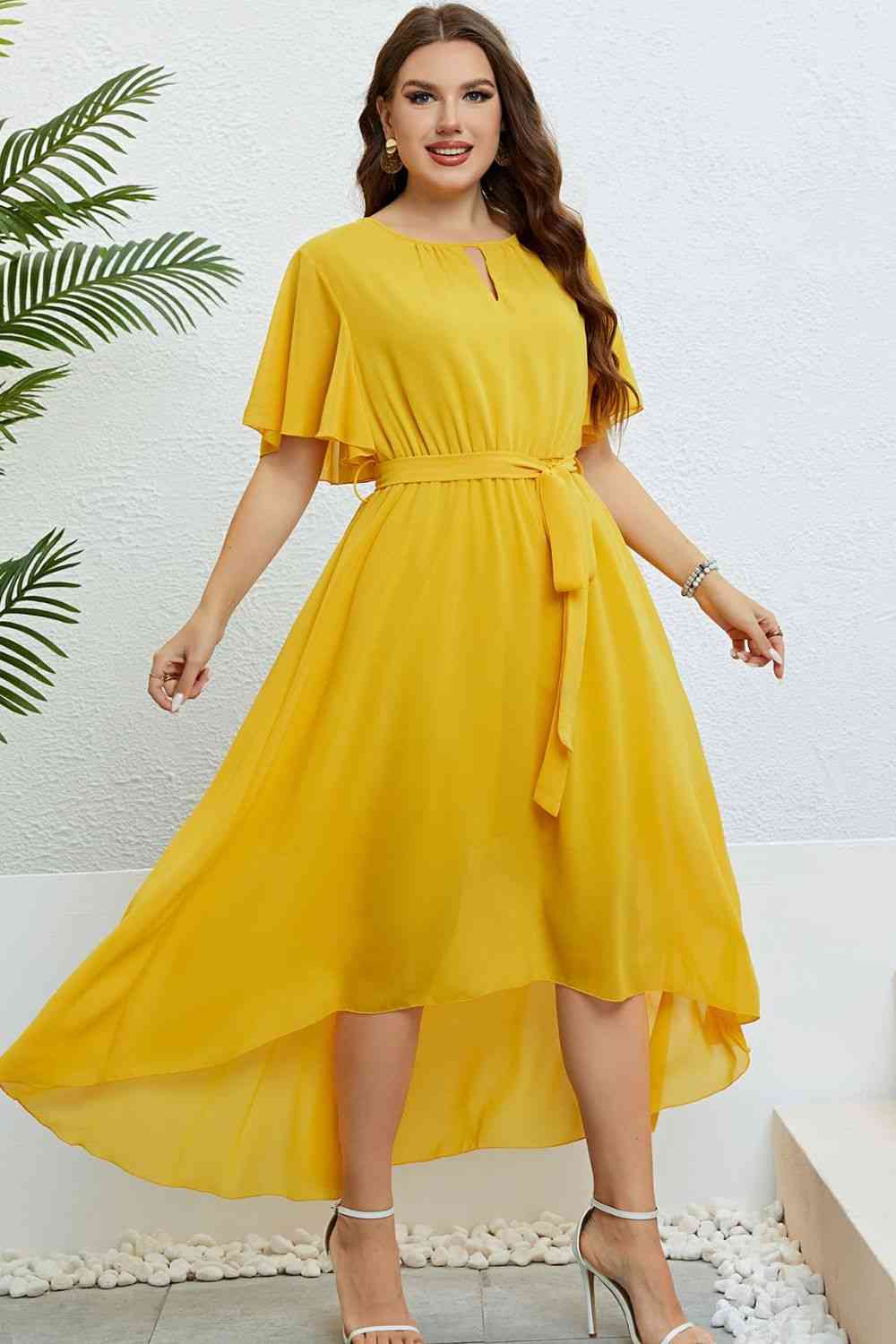 Belted Flutter Sleeve High-Low Dress -BazaarBey - www.shopbazaarbey.com