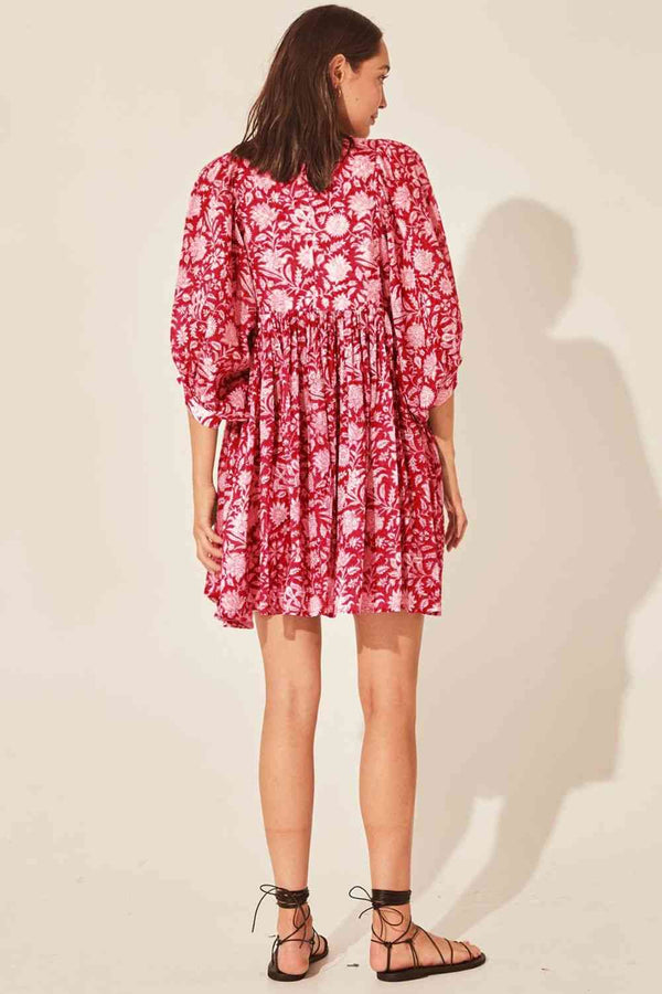 Floral Tie Neck Lantern Sleeve Dress -BazaarBey - www.shopbazaarbey.com
