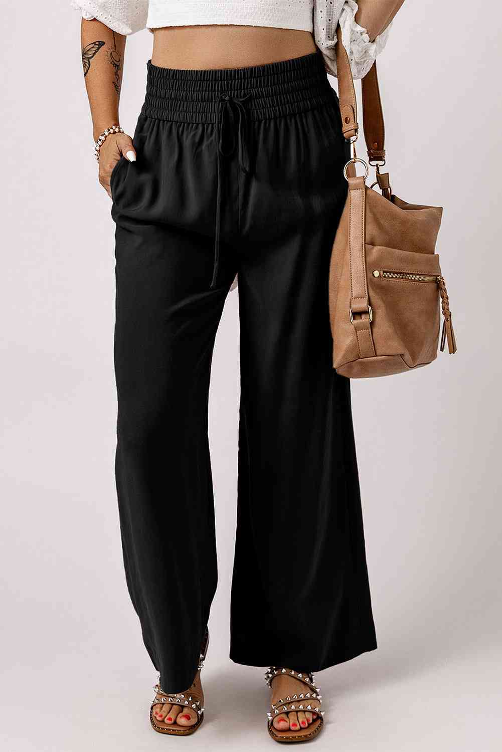 Drawstring Smocked Waist Wide Leg Pants Bazaarbey