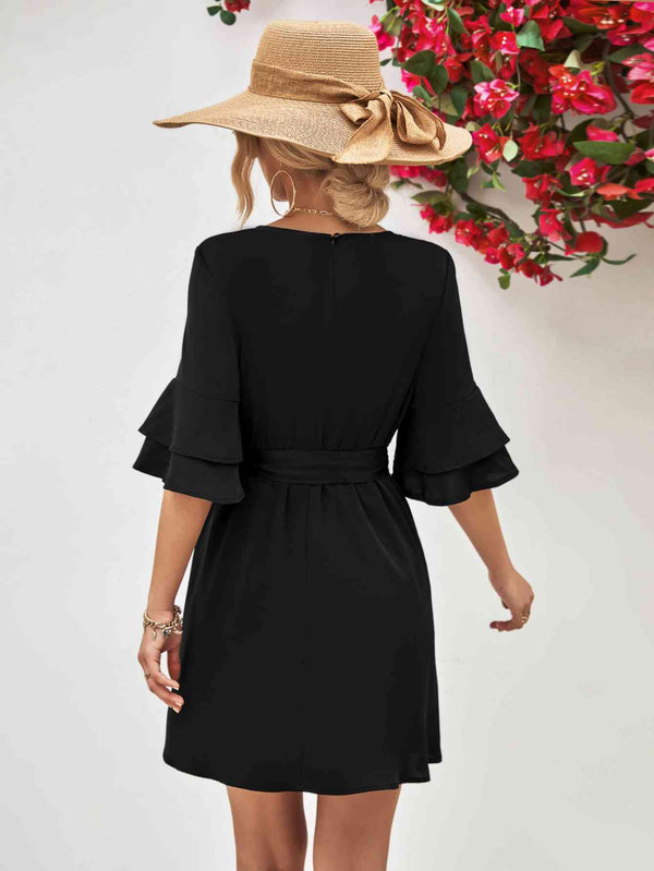 Round Neck Tie Belt Flounce Sleeve Dress -BazaarBey - www.shopbazaarbey.com