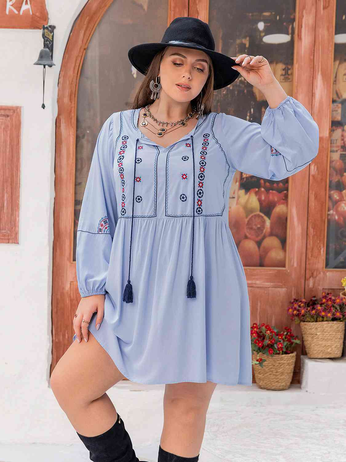 Plus Size Tie Neck Tassel Detail Long Sleeve Mini Dress -BazaarBey - www.shopbazaarbey.com