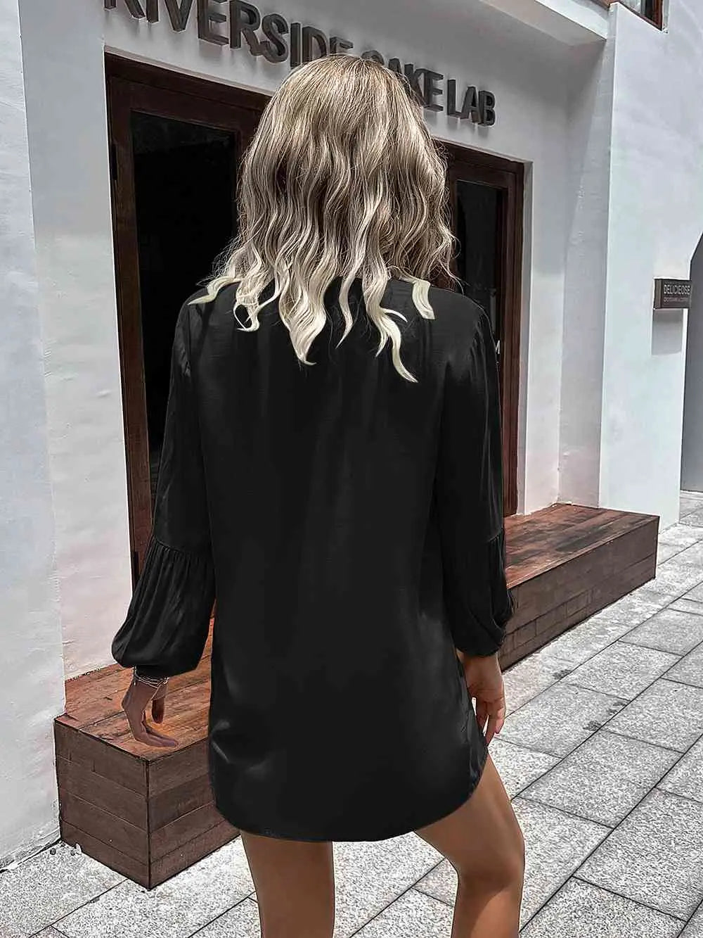  Notched Neck Balloon Sleeve Shirt Bazaarbey