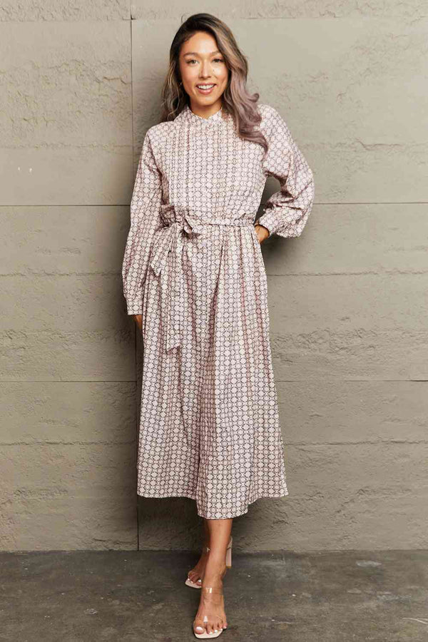 Printed Tie Waist Long Sleeve Dress -BazaarBey - www.shopbazaarbey.com
