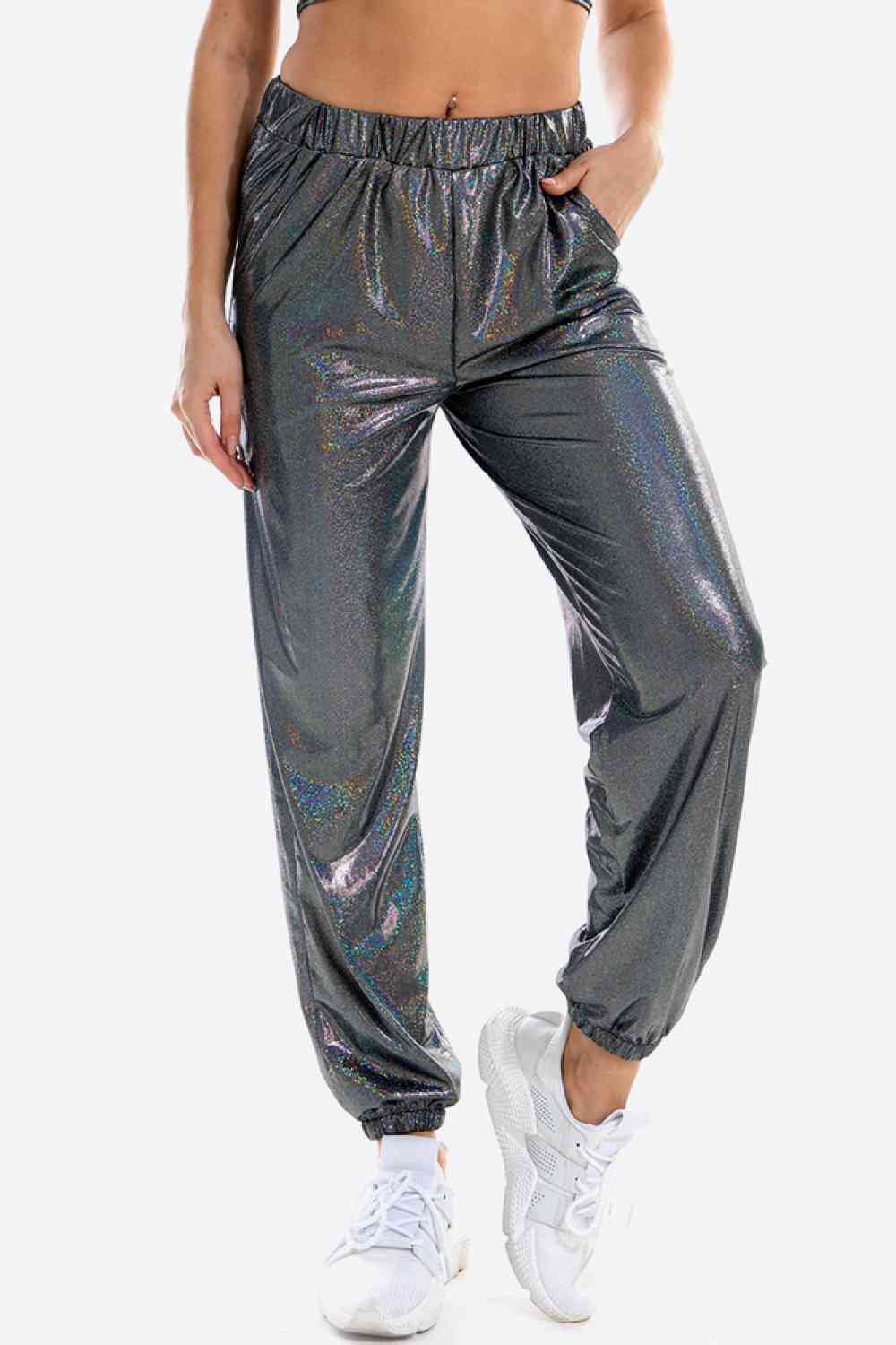 Glitter Elastic Waist Pants with Pockets Bazaarbey