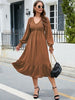  V-Neck Smocked Lantern Sleeve Ruffle Hem Dress -BazaarBey - www.shopbazaarbey.com