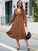  V-Neck Smocked Lantern Sleeve Ruffle Hem Dress -BazaarBey - www.shopbazaarbey.com