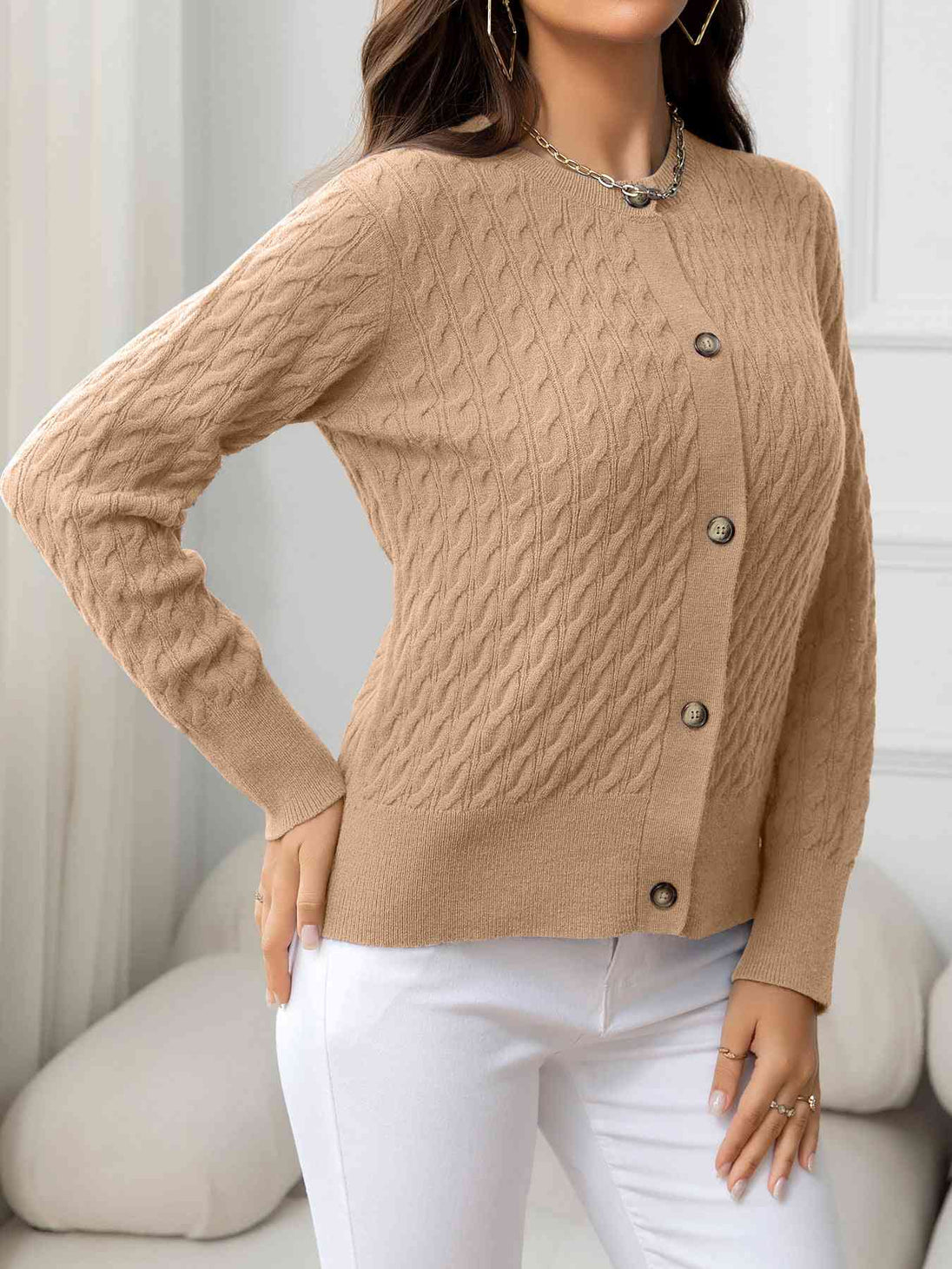 Round Neck Cable-Knit Buttoned Knit Top Trendsi