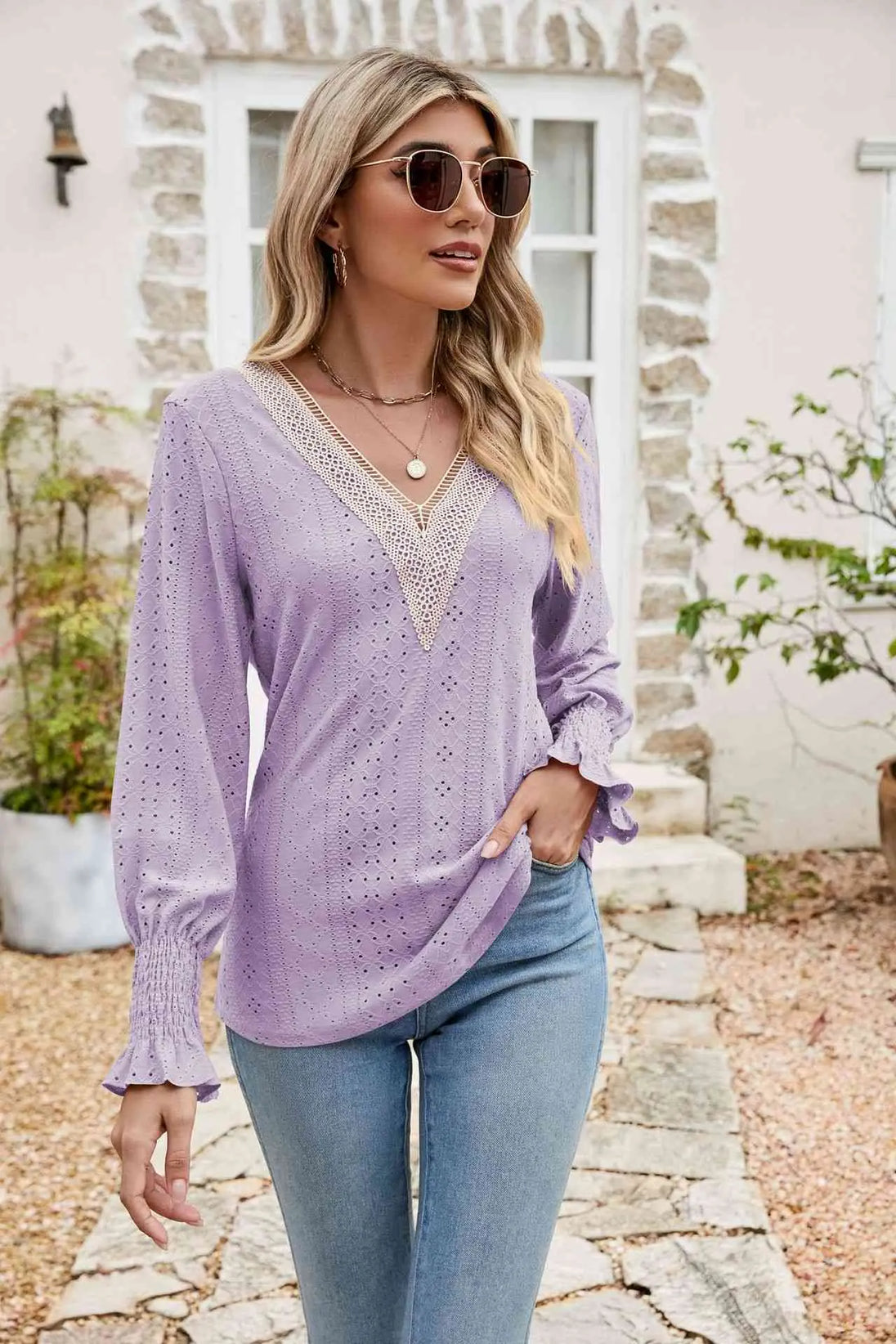  V-Neck Smocked Flounce Sleeve Blouse Bazaarbey