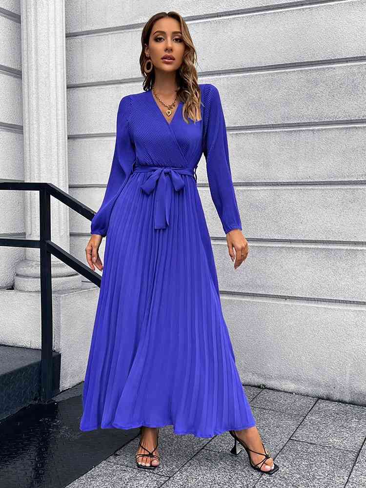 V-Neck Tie Waist Pleated Maxi Dress Bazaarbey