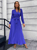 V-Neck Tie Waist Pleated Maxi Dress Bazaarbey