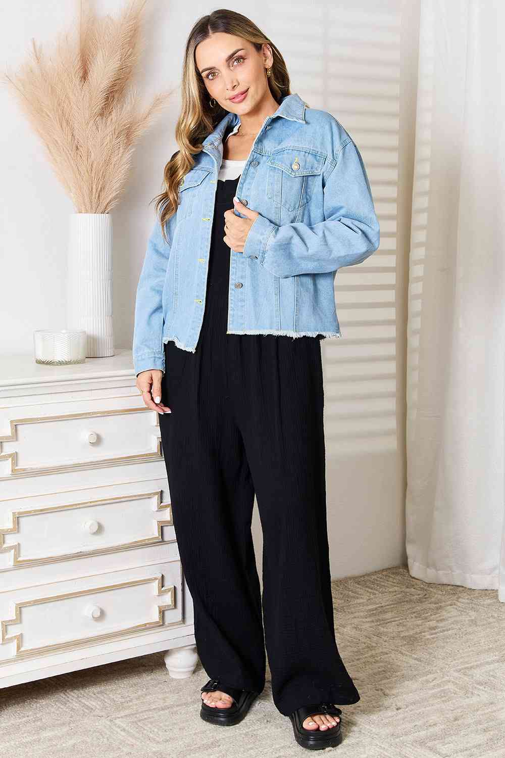  Dropped Shoulder Raw Hem Denim Jacket Bazaarbey