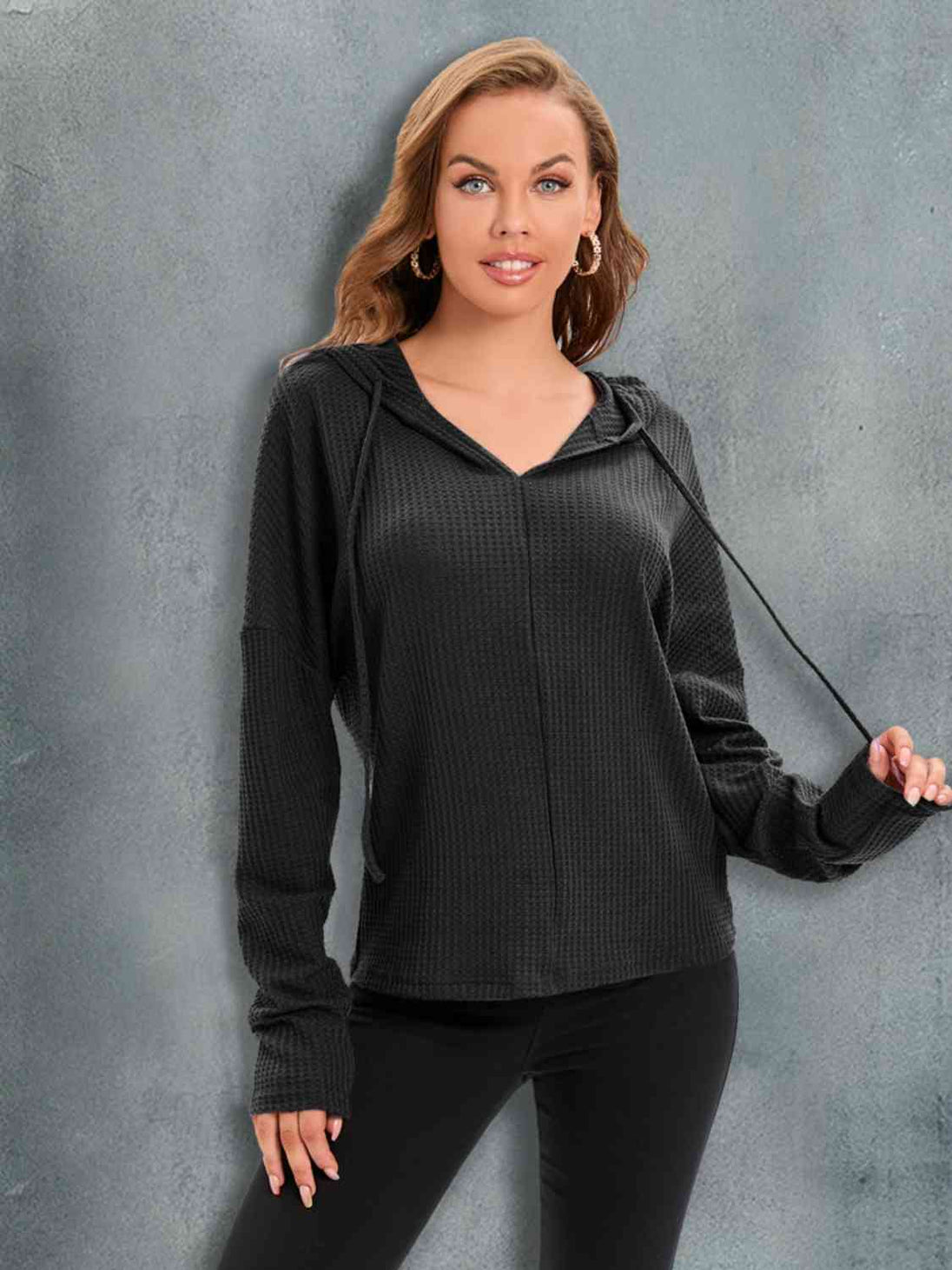 Waffle-Knit Drawstring Drop Shoulder Hoodie Trendsi