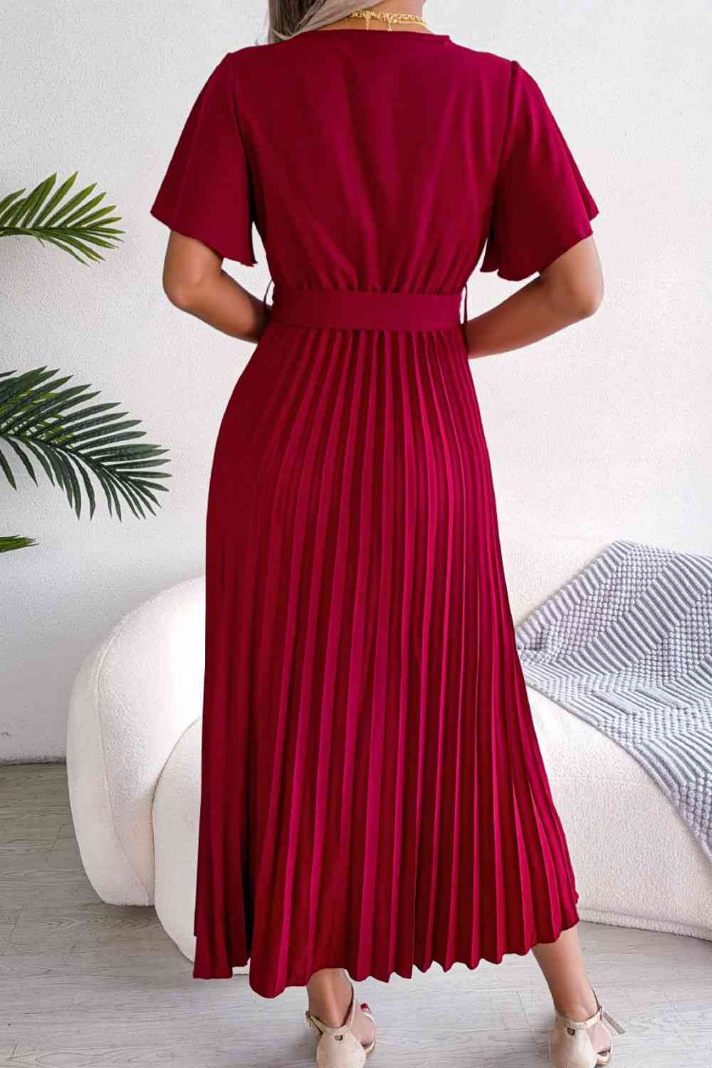 Pleated Flutter Sleeve Belted Dress -BazaarBey - www.shopbazaarbey.com