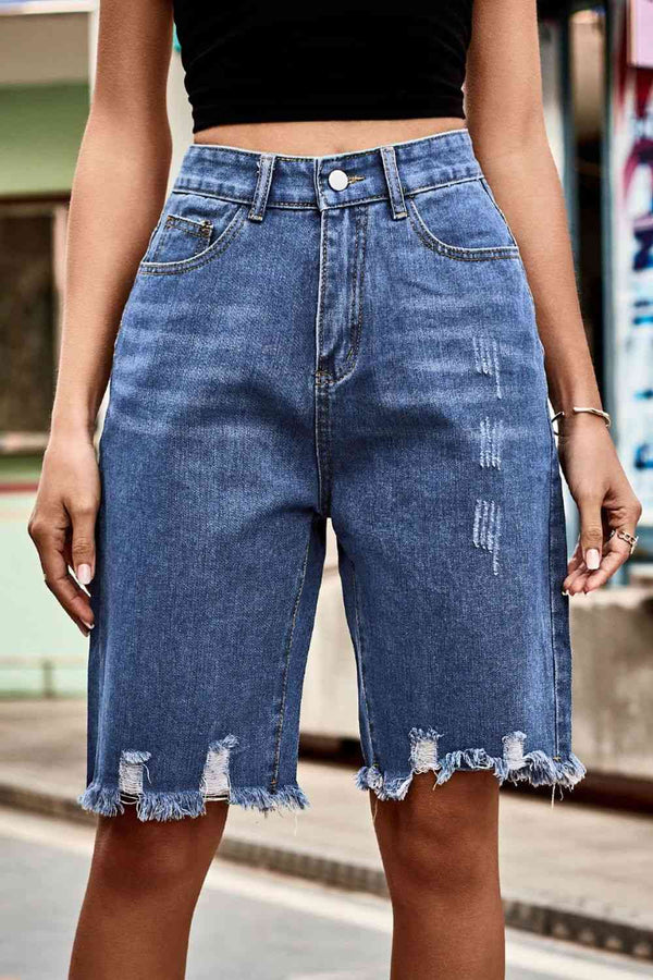 Raw Hem High Waist Denim Shorts with Pockets Bazaarbey
