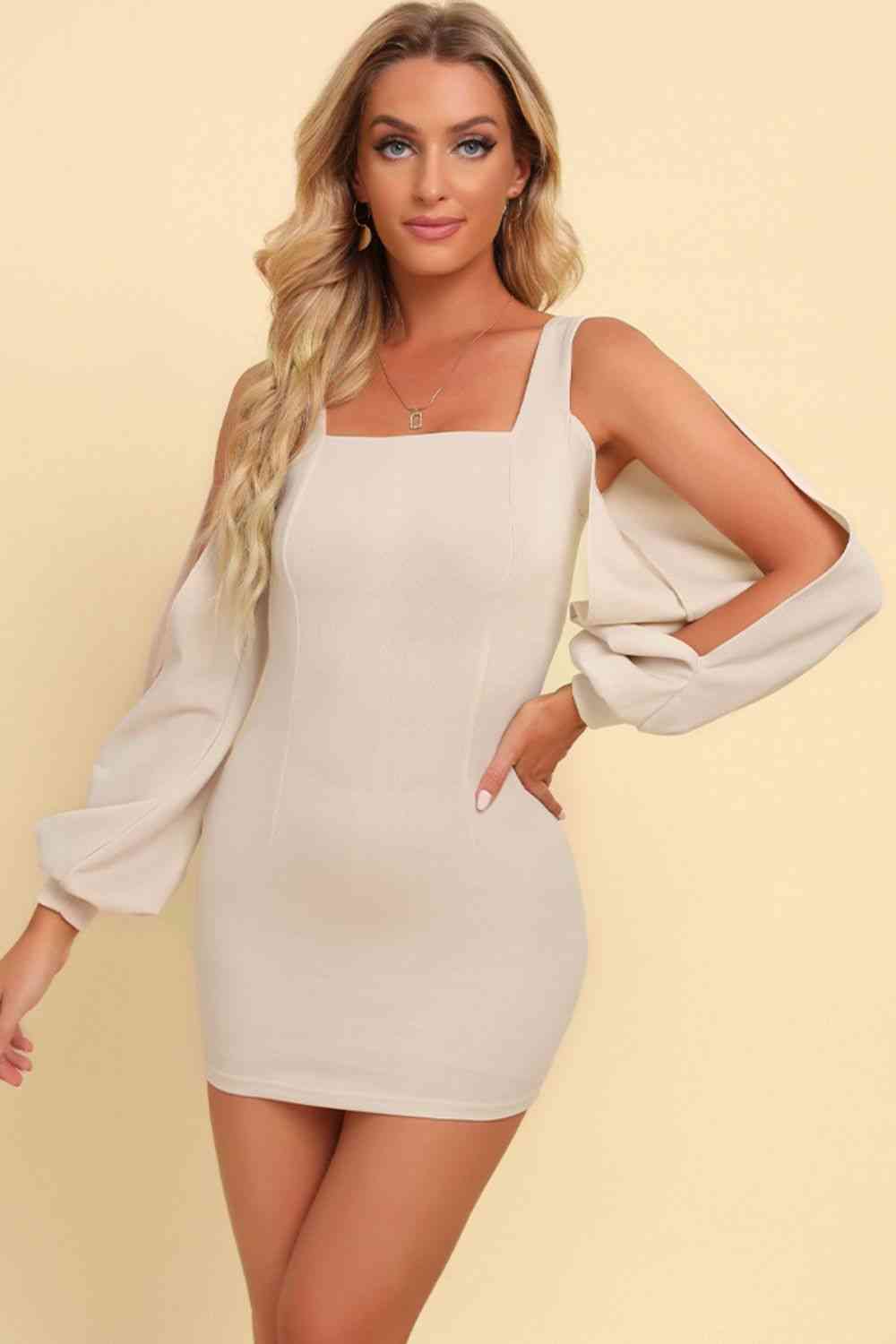 Square Neck Split Sleeve Mini Dress -BazaarBey - www.shopbazaarbey.com