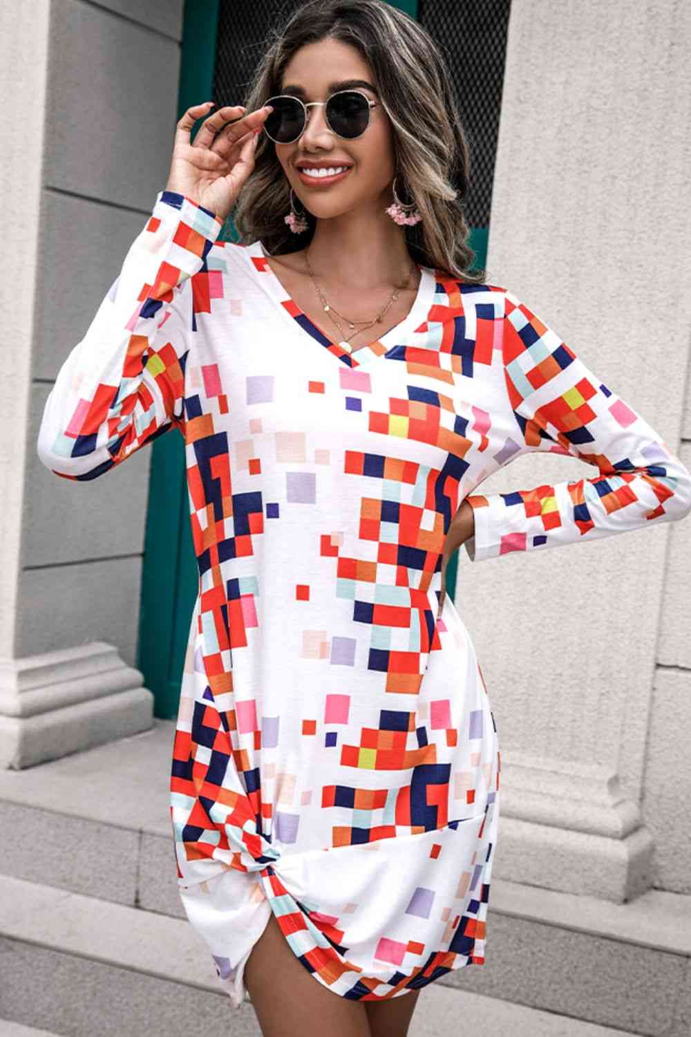 Rainbow Checker Twisted Long Sleeve Dress -BazaarBey - www.shopbazaarbey.com