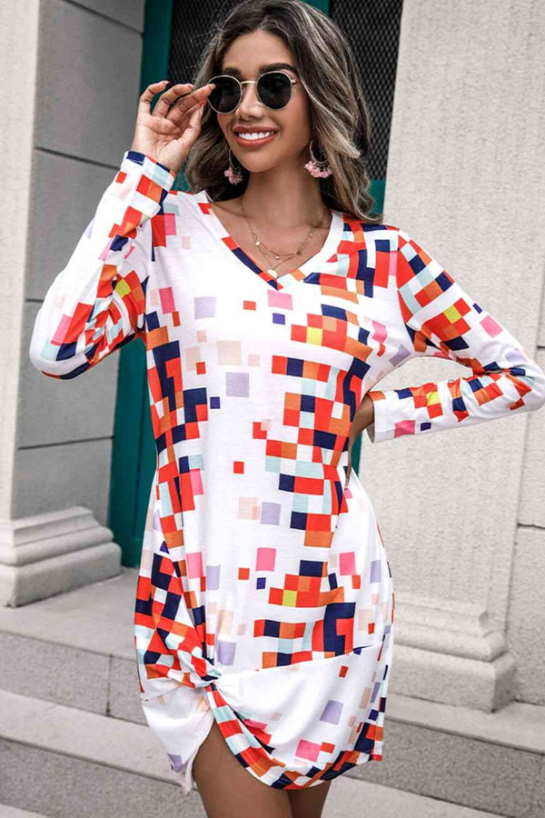Rainbow Checker Twisted Long Sleeve Dress -BazaarBey - www.shopbazaarbey.com