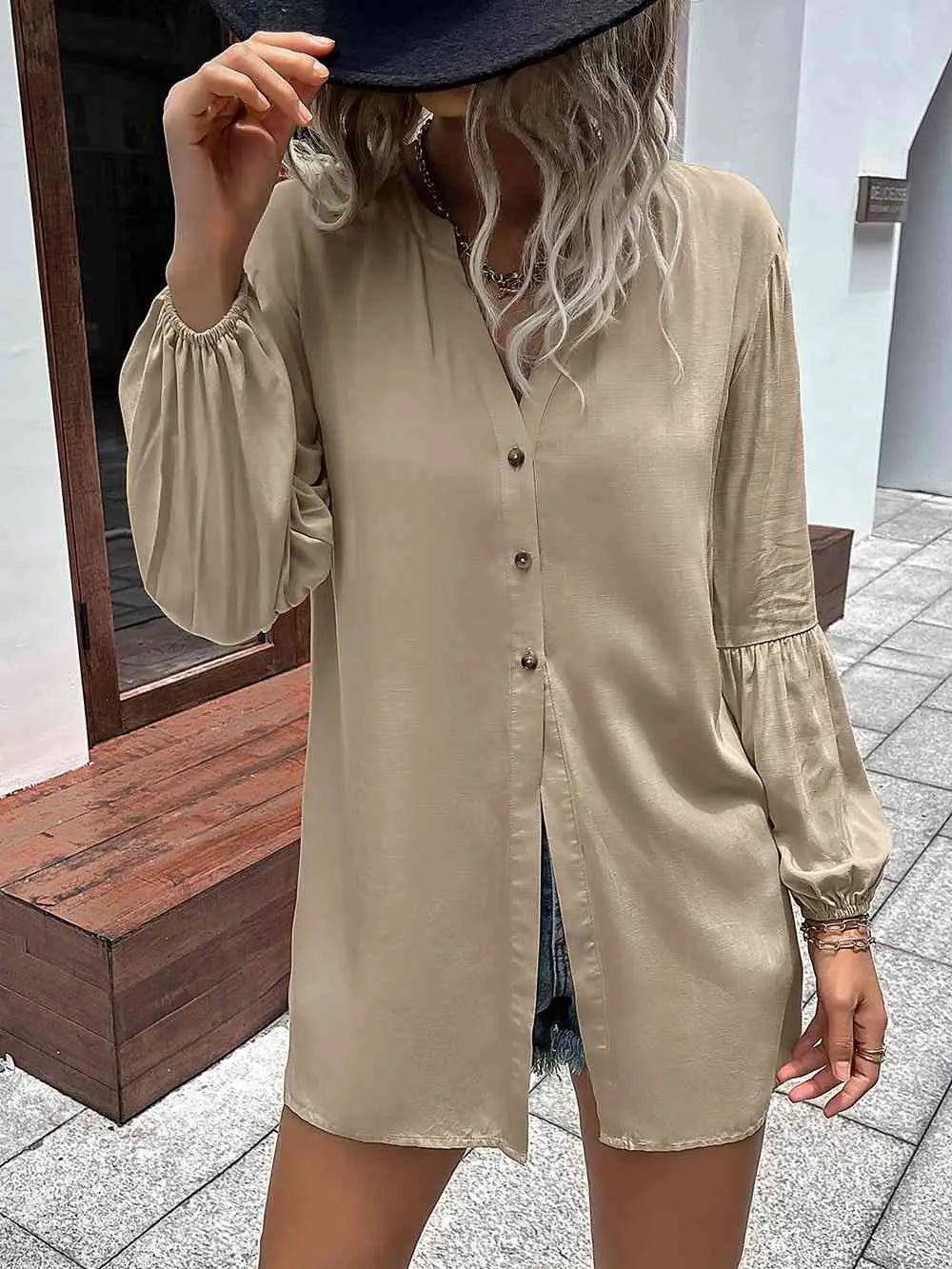  Notched Neck Balloon Sleeve Shirt Bazaarbey