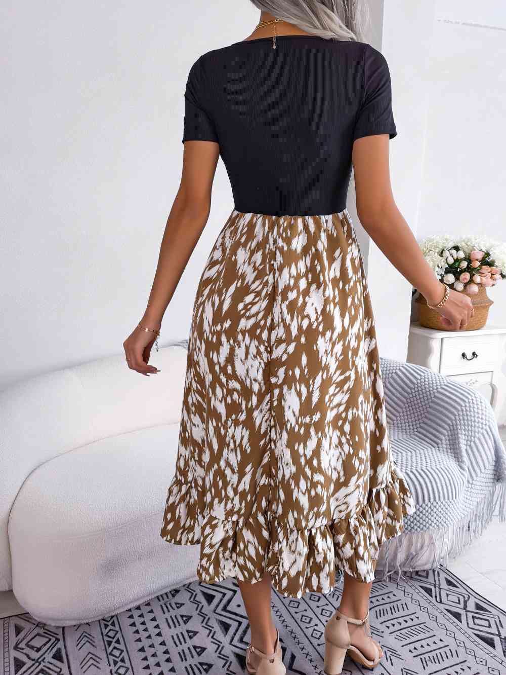Printed Round Neck Ruffle Hem Dress -BazaarBey - www.shopbazaarbey.com