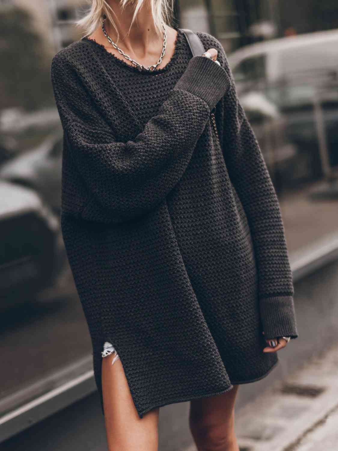 Openwork Round Neck Long Sleeve Slit Sweater Bazaarbey
