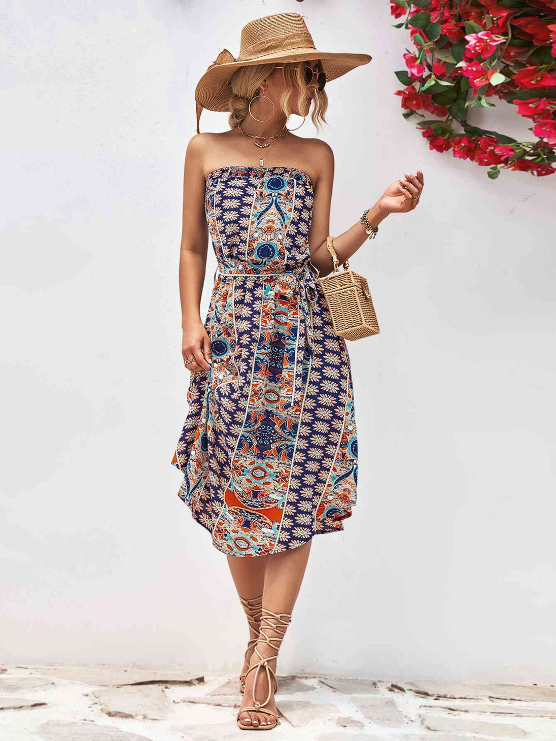Printed Strapless Tie Belt Dress -BazaarBey - www.shopbazaarbey.com