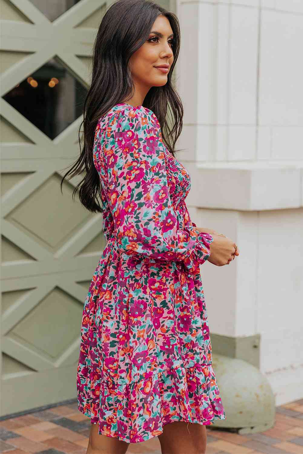 Floral Smocked V-Neck Flounce Sleeve Dress -BazaarBey - www.shopbazaarbey.com