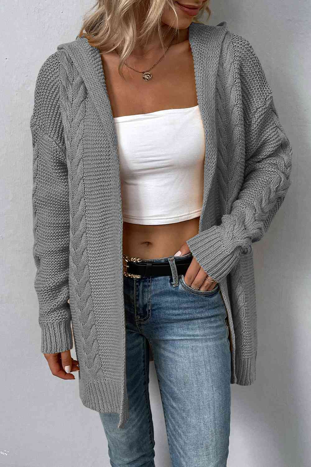Cable-Knit Dropped Shoulder Hooded Cardigan Bazaarbey