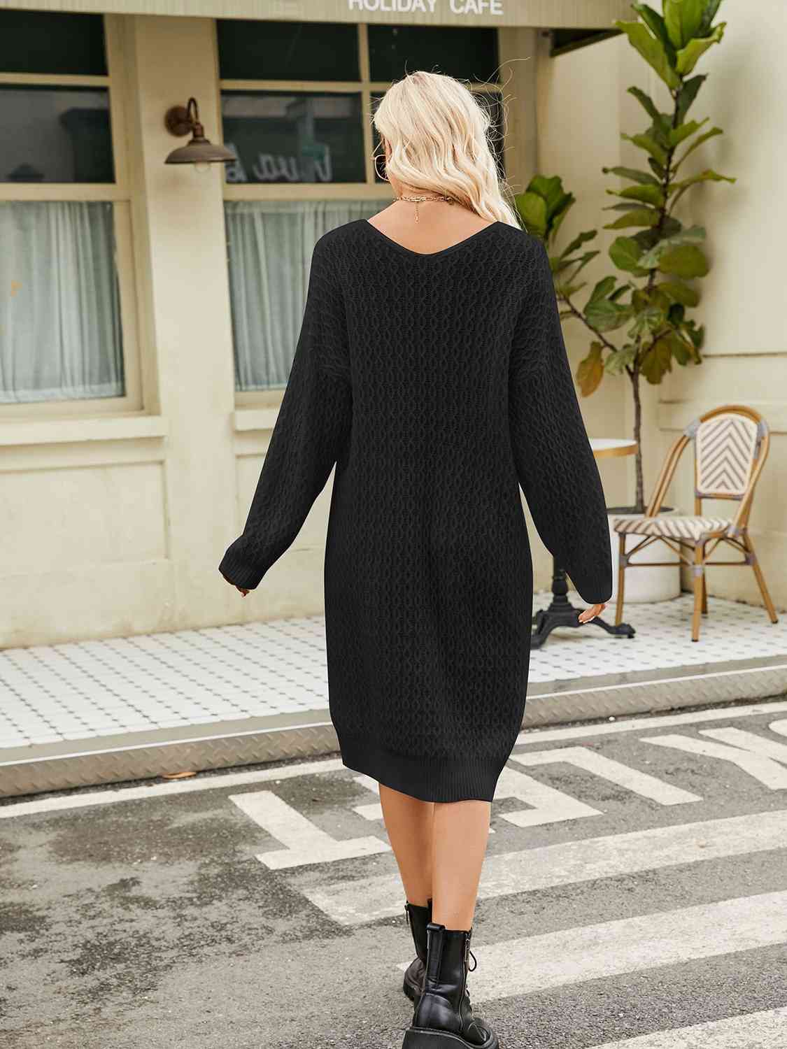 V-Neck Long Sleeve Sweater Dress Bazaarbey