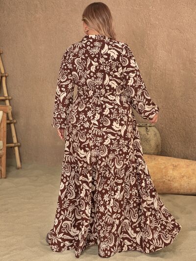 Plus Size Notched Balloon Sleeve Printed Maxi Dress -BazaarBey - www.shopbazaarbey.com