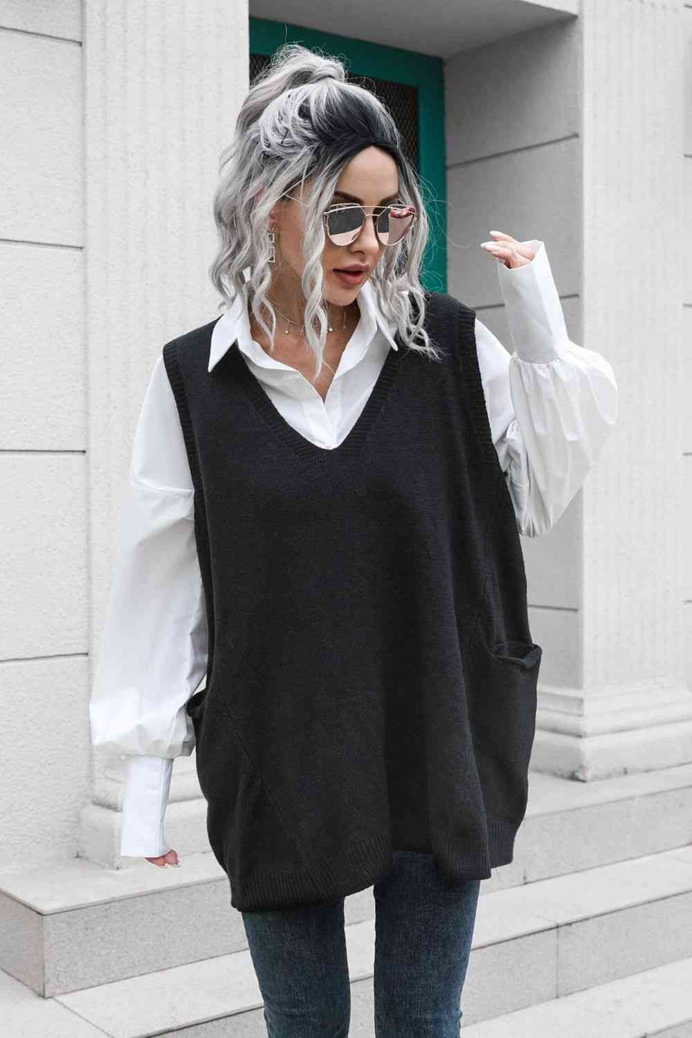 V-Neck Sleeveless Sweater Vest with Pocket Bazaarbey