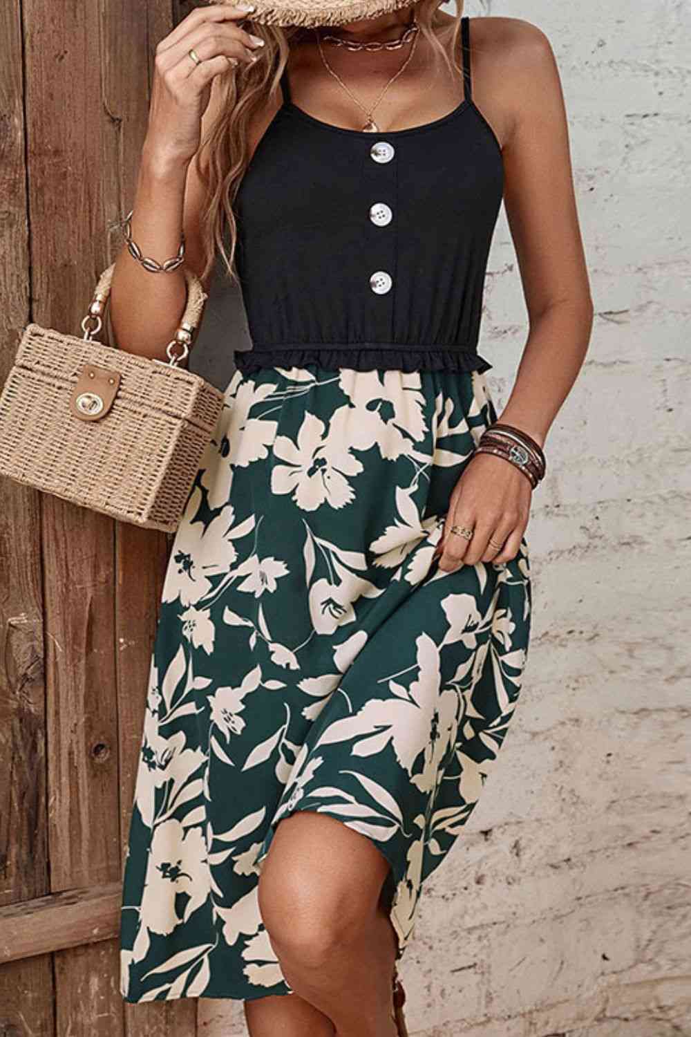 Two-Tone Decorative Button Frilled Dress -BazaarBey - www.shopbazaarbey.com