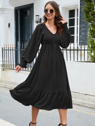  V-Neck Smocked Lantern Sleeve Ruffle Hem Dress -BazaarBey - www.shopbazaarbey.com