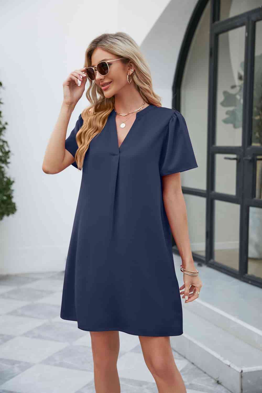 Notched Puff Sleeve Shift Dress -BazaarBey - www.shopbazaarbey.com