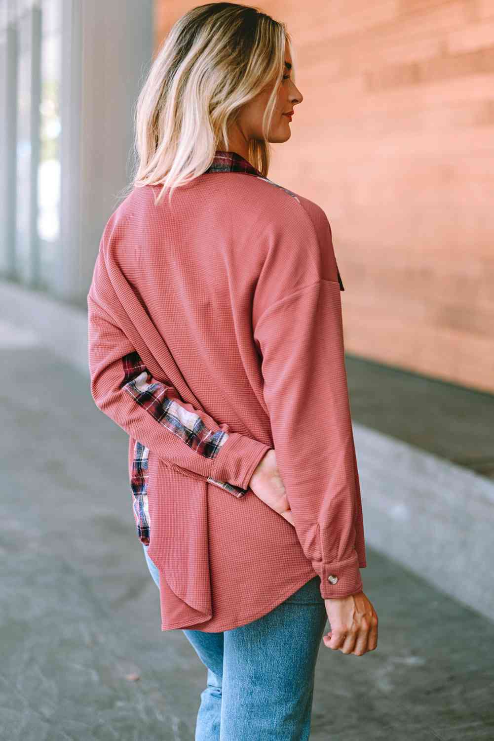 Plaid Button Down Collared Jacket Trendsi