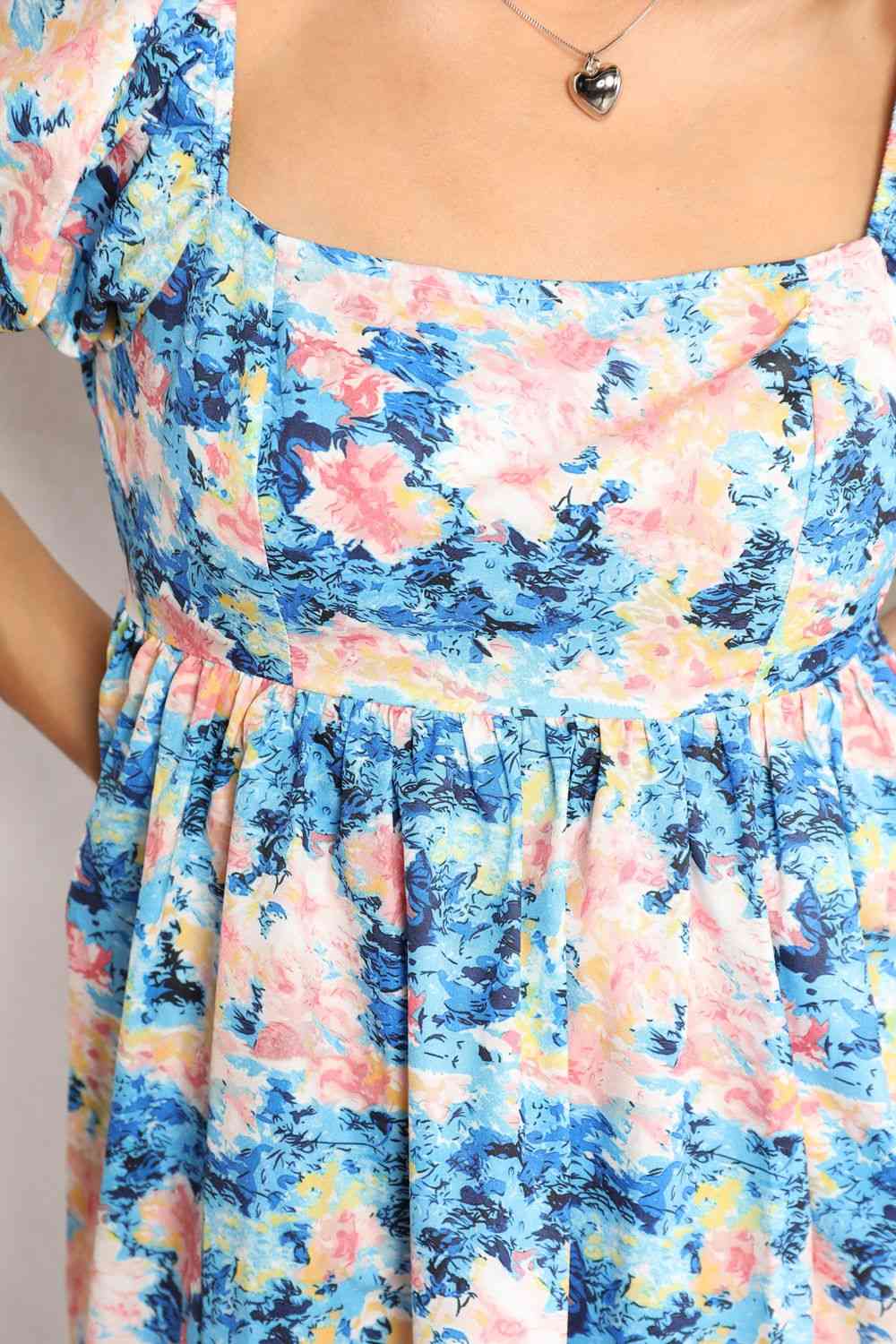  Floral Square Neck Puff Sleeve Dress -BazaarBey - www.shopbazaarbey.com