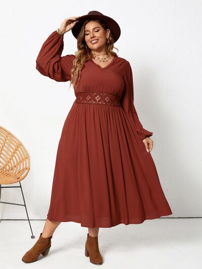 Plus Size Lace Detail V-Neck Balloon Sleeve Dress -BazaarBey - www.shopbazaarbey.com