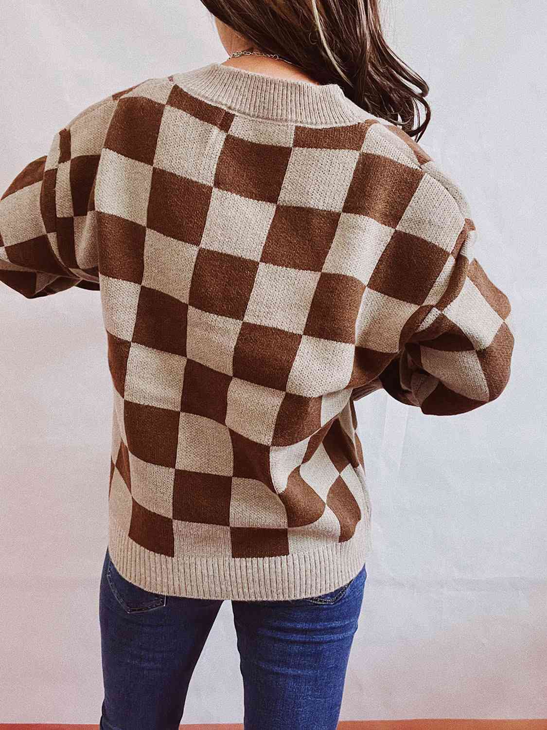 Checkered Open Front Button Up Cardigan Bazaarbey