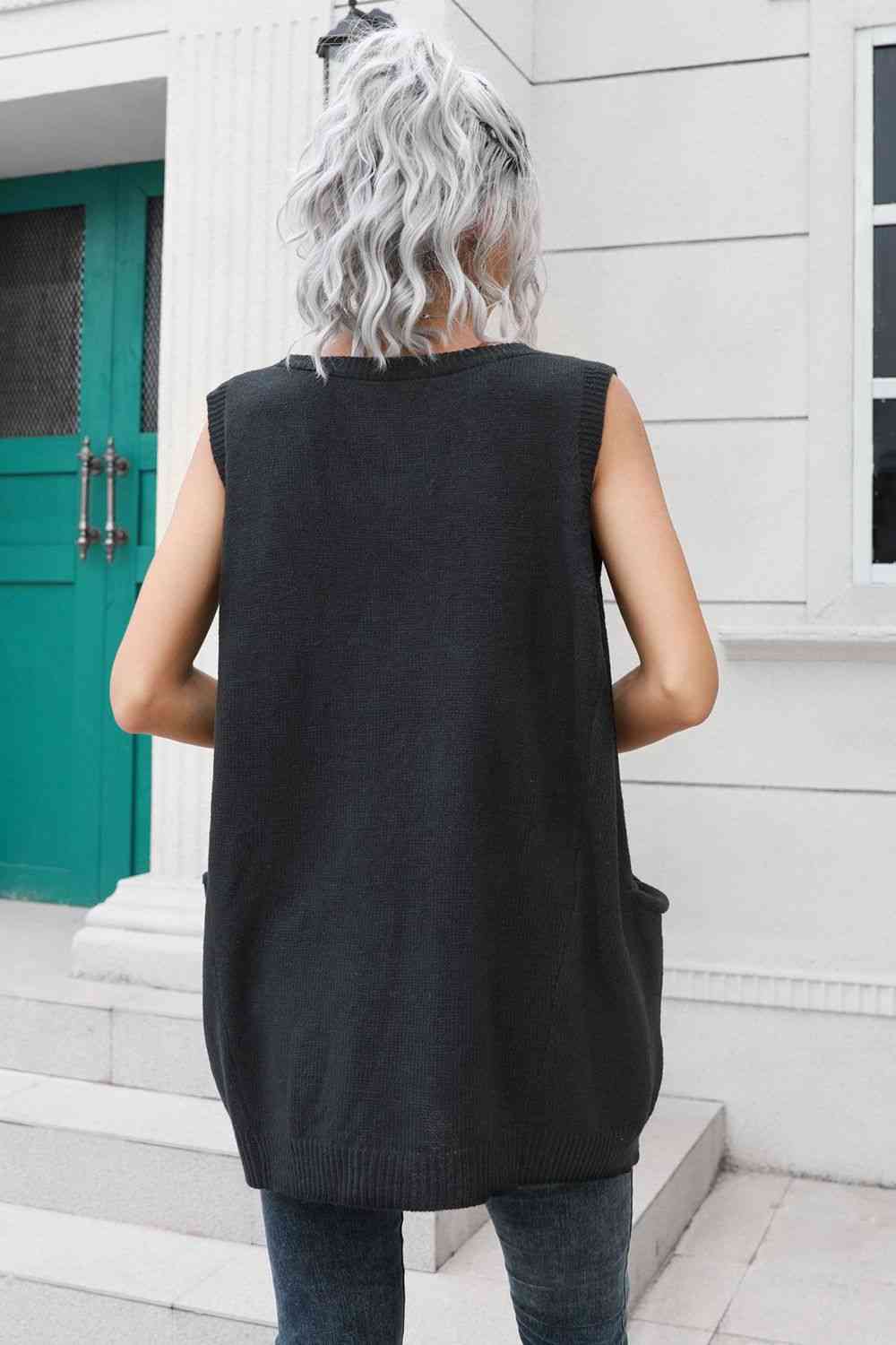 V-Neck Sleeveless Sweater Vest with Pocket Bazaarbey