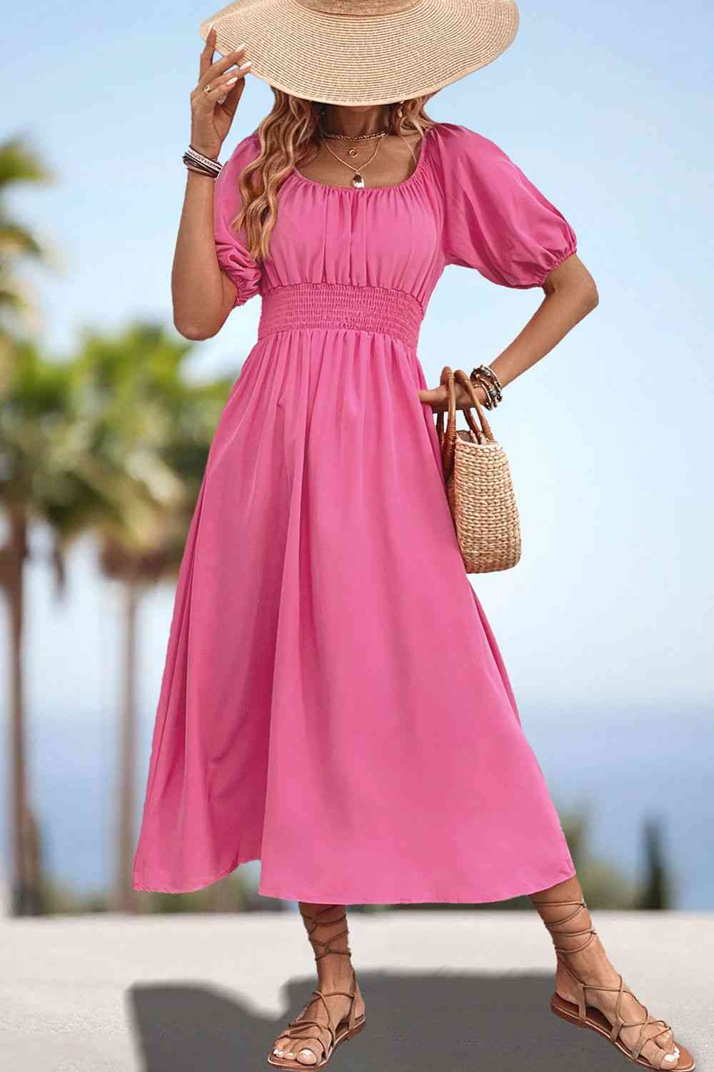 Square Neck Smocked Waist Puff Sleeve Midi Dress -BazaarBey - www.shopbazaarbey.com