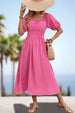 Square Neck Smocked Waist Puff Sleeve Midi Dress -BazaarBey - www.shopbazaarbey.com