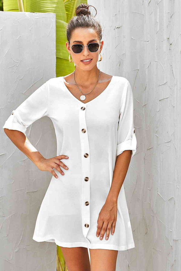 Buttoned V-Neck Dress -BazaarBey - www.shopbazaarbey.com