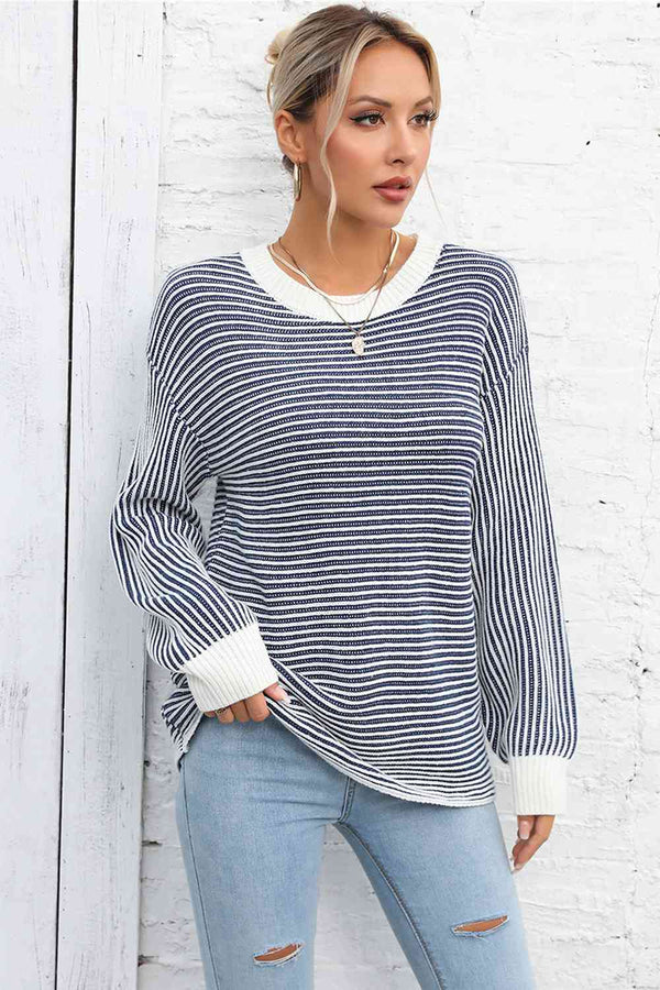 BazaarBey Striped Round Neck Long Sleeve Knit Top 