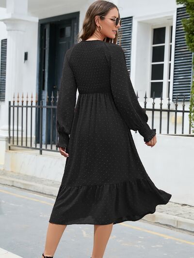  V-Neck Smocked Lantern Sleeve Ruffle Hem Dress -BazaarBey - www.shopbazaarbey.com