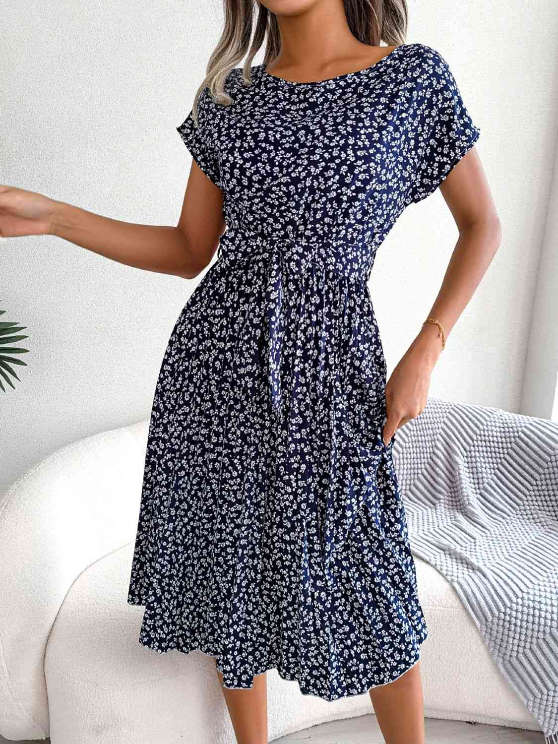  Floral Pleated Belted Dress -BazaarBey - www.shopbazaarbey.com
