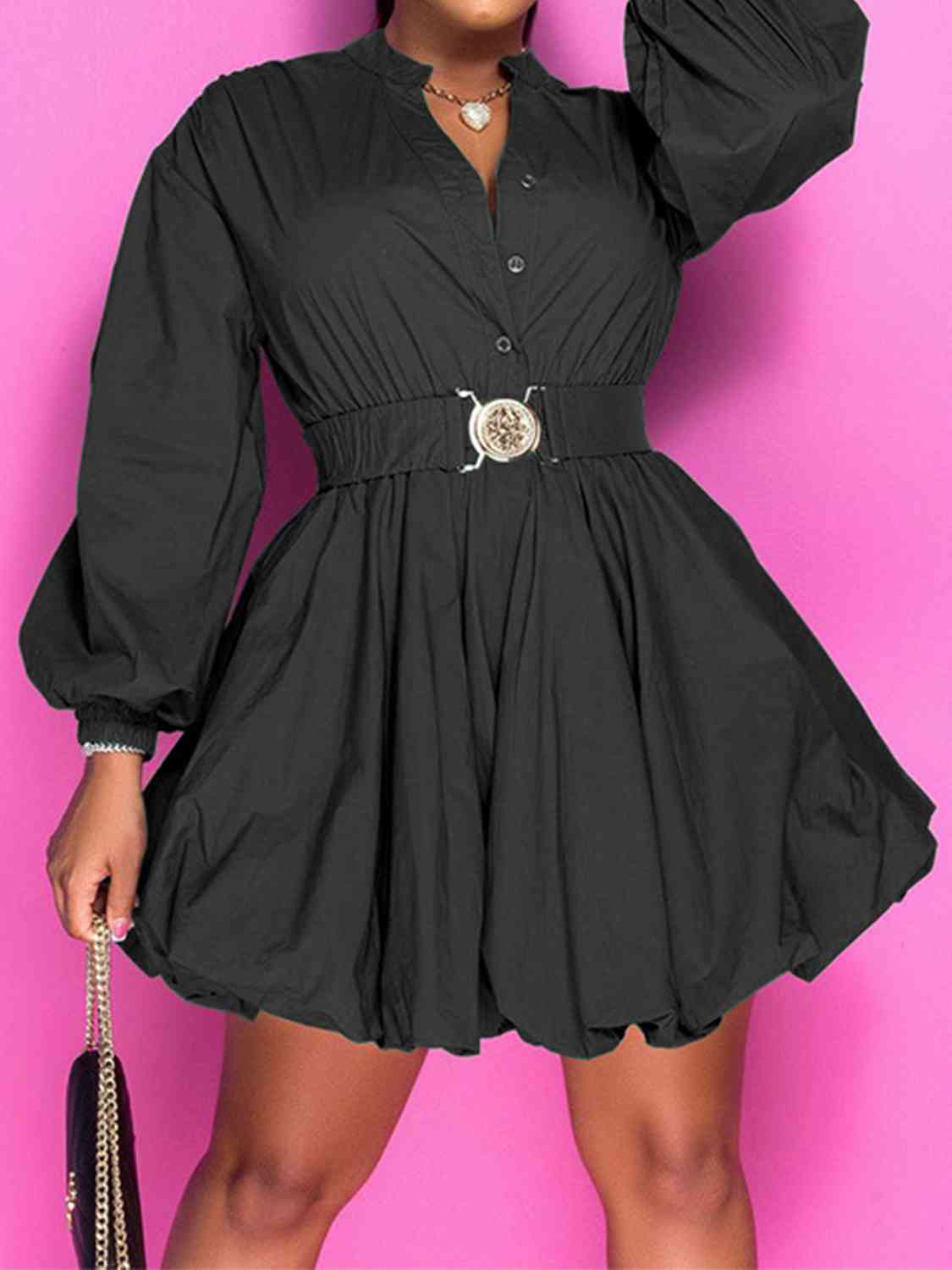 Notched Button Up Balloon Sleeves Dress -BazaarBey - www.shopbazaarbey.com