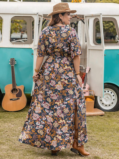 Floral V-Neck Short Sleeve Slit Dress -BazaarBey - www.shopbazaarbey.com