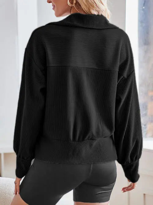 Ribbed Half Zip Collared Neck Sweatshirt Bazaarbey